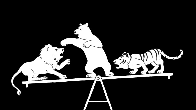 Löwe Tiger und Bär auf der Schaukel. 2D Zeichentrick für den Film von Thomas Isler "Die Demokratie ist los!". Produktion Maximage GmbH, Animation Basil Vogt und Charlotte Waltert erstellt mit TVPaint und AfterEffects. Animationsfilm Produktion Trickbüro Zürich.