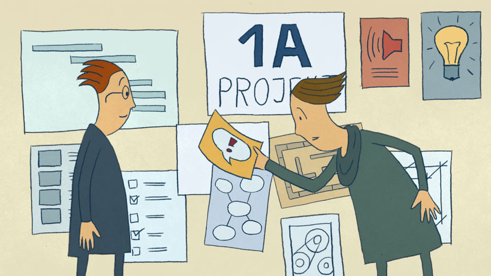Das Entwickeln eines Ausstellungskonzeptes ist multidisziplinär; Ideenfindung, Brainstorming, Zeitplan, Grundrissskizze, Audiostationen, Planskizze. Zwei Museumsmitarbeitende sammeln Ideen an der Pinwand.