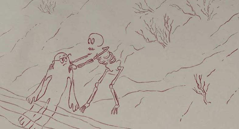 Duodrom Animationsfilm Still; Das Skelett zieht die Haut aus dem Wasser. Standbild aus dem Kurzfilm Duodorm von Basil Vogt 2019; Duodrom wurde durch Virage Film in Zürich produziert und durch das Trickbüro Zürich ausgeführt.