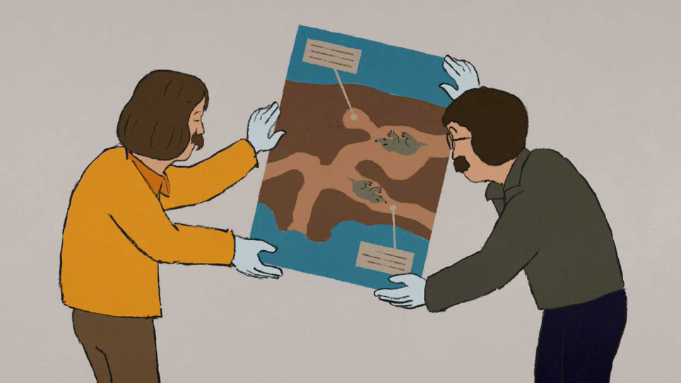 Sonderausstellung; Bild hängen; Was ist oben, was ist unten. Wechselausstellung im Naturmuseum. "Am Anfang war ein Hugi" Naturmuseum Animation Illustration Trickfilm Schweiz