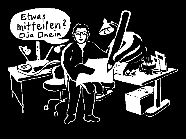 Arbeitstisch im Trickbüro Atelier mit Objekten, Kamera, Bürolampe, Zeichentrickfilm Leuchtpult, Weinflasche, Filmrolle