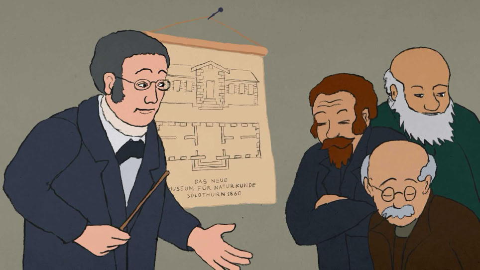 Das Museumsprojekt von 1860 von Franz Vinzenz Lang. Die Behörden sagen nein."Am Anfang war ein Hugi" Naturmuseum Animation Illustration Trickfilm Schweiz
