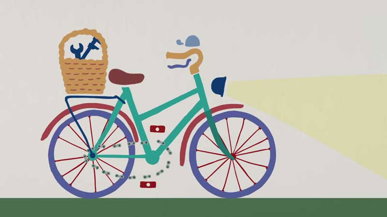 Eine Sammlung von kurzen Animationen verschiedener Fahrradelemente. Die animierten Gifbilder zeigen Fahrradklingel, Gabel, Fahrradkette und Pedalen in Aktion. Animate