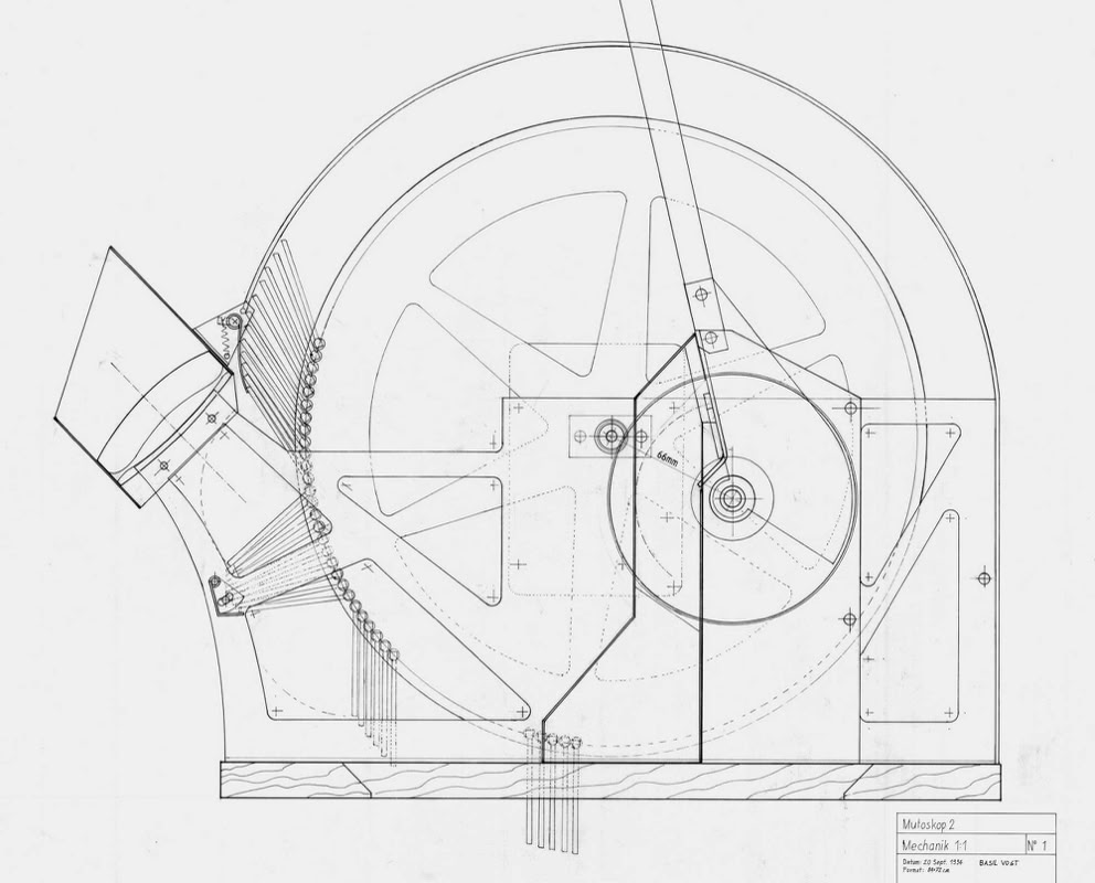 Werkstattplan der Mechanik für den Bau des Mutoskop 2 von Basil Vogt 1994 Tusche auf Transparentpapier