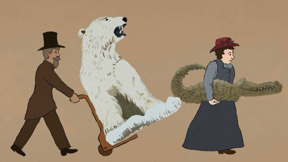 Handlungsreisende und Naturinteressierte bringen von ihren weiten Reisen Präparate von exotischen Tieren in das Schweizer Museum. Tiere aus fernen Ländern sind in der Ausstellung besonders beliebt. "Am Anfang war ein Hugi" Naturmuseum Animation Illustration Trickfilm Schweiz