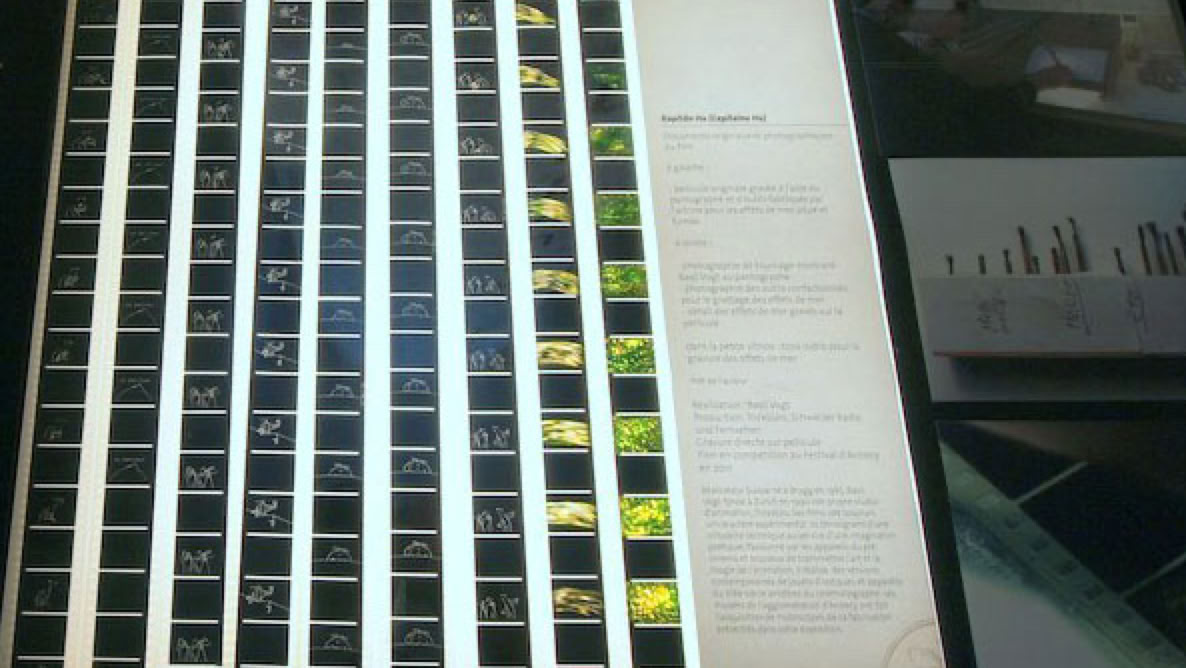 Exposition CITIA, Cité de l´image en mouvement, Conservatoire d´Art et d´Histoire, Annecy Ausstellung von gekratzten 35mm Filmstreifen Originale aus dem Zeichentrickfilm Kapitän Hu von Basil Vogt