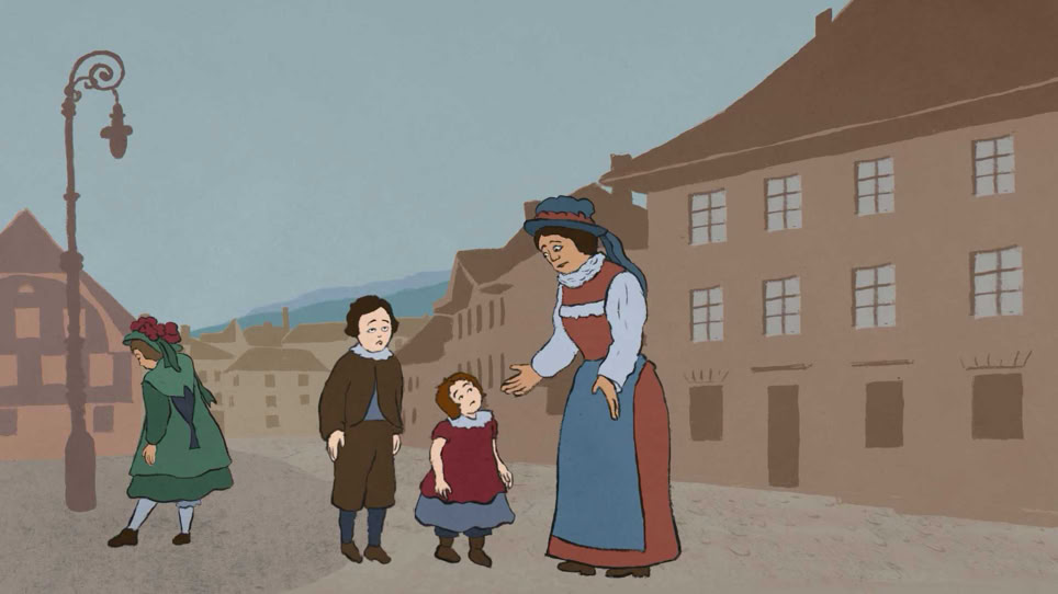 Kinder langweilien sich in der Vorstadt Solothurn. Die Kinder möchten ein interessantes Musem besuchen. "Am Anfang war ein Hugi" Naturmuseum Animation Illustration Trickfilm Schweiz