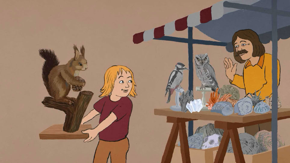 Kind mit ausgestopftem Eichhörnchen. "Am Anfang war ein Hugi" Naturmuseum Animation Illustration Trickfilm Schweiz