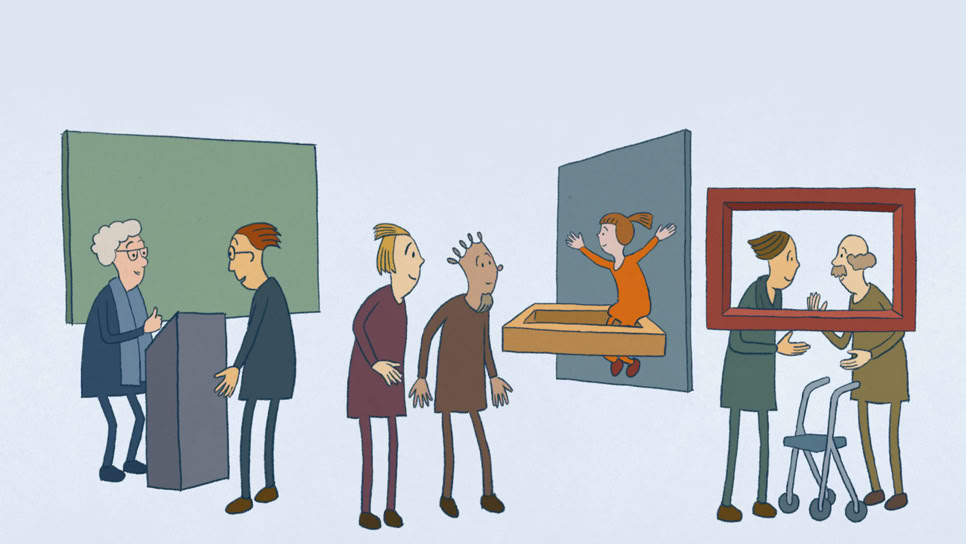 Der Austausch mit den Museumsbesuchenden findet auf Augenhöhe statt: Die Besucherin bringt ihr eigenes Wissen ein, Ein Besucher diskutiert mit einer Vermittlerin. Das Kind freut sich an der Interaktion. Standbild aus dem 2D Zeichentrickfilm CAS Museumsarbeit. Animationsfilm Museumsarbeit Trickbüro Basil Vogt