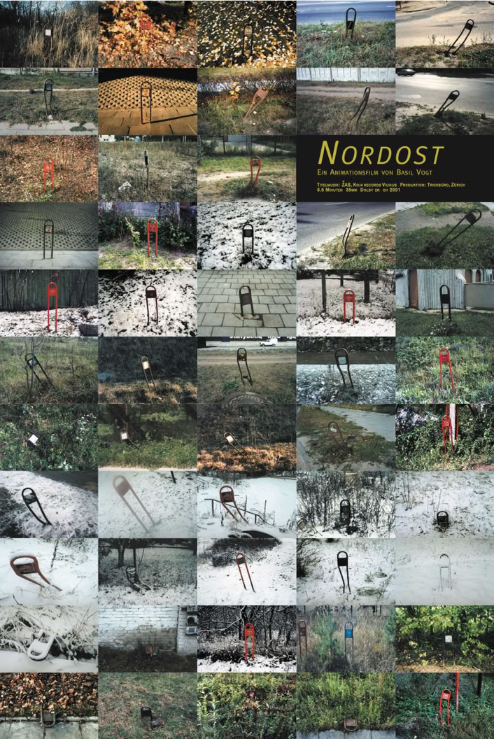 Das Plakat zum Animationsfilm Nordost hat Basil Vogt 2001 gestaltet. Es zeigt die Eisenstangen und Markierungen, welche die unterirdischen Leitungen von Vilnius beschildern. Da sich diese Stangen oft am Strassenrand befinden, sind sie unterschiedlich verbogen. Das konnte für die Animation ausgenutzt werden.